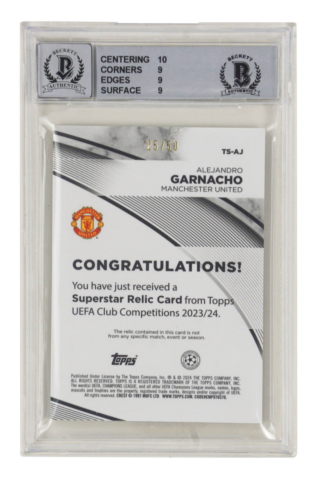 Alejandro Garnacho Signed 2023-24 Topps UCC Superstar Relics /50 – BGS 9